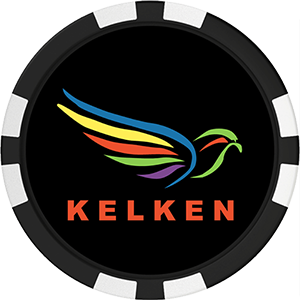 A clay marker chip displaying the Kelken logo